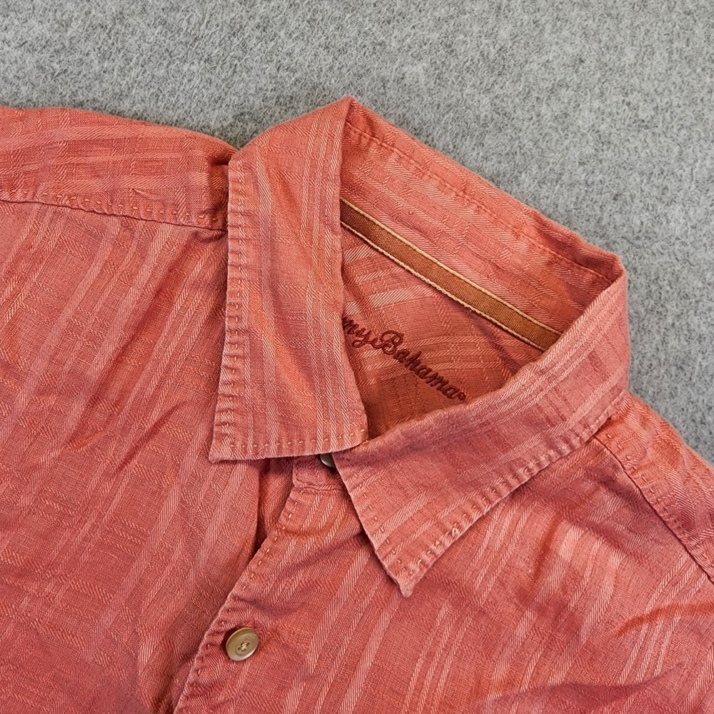Tommy Bahama Men's L 100% Linen Salmon Pink Striped Short Sleeve Button  Shirt